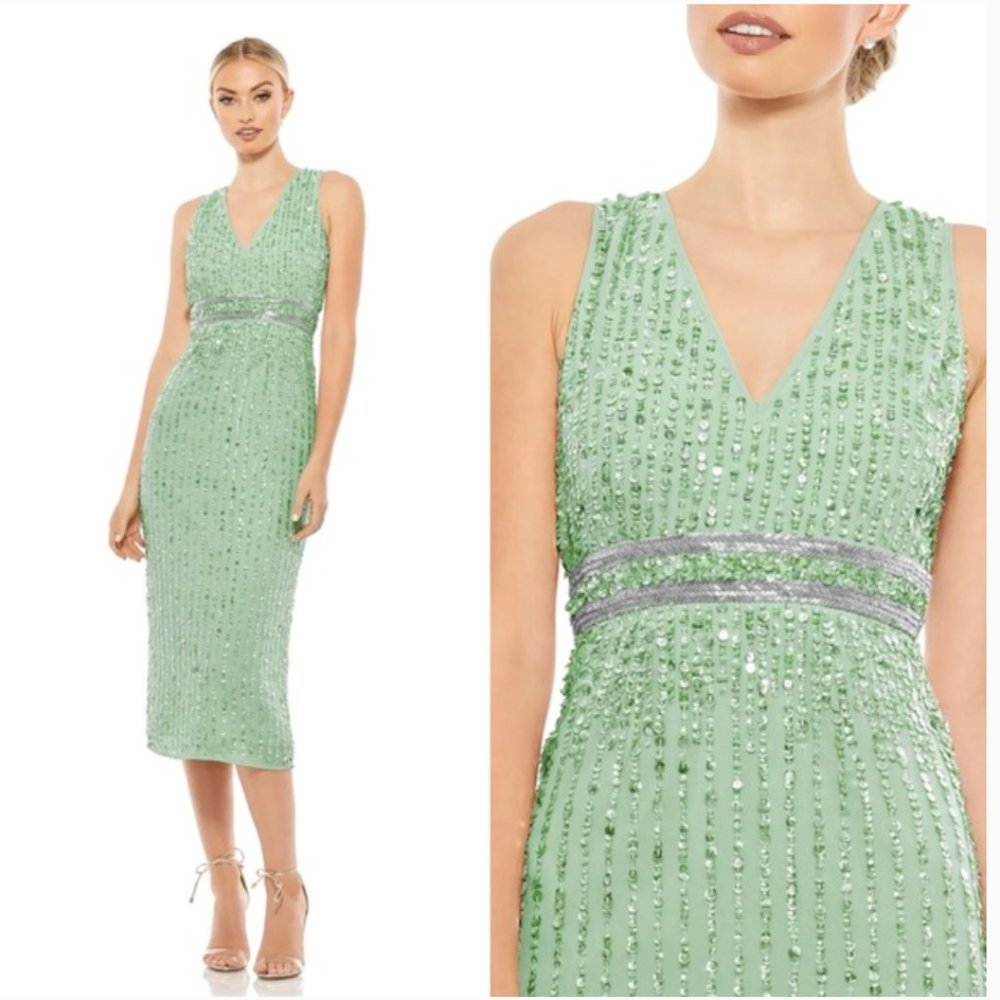 Mac Duggal Sequined Sleeveless V Neck Midi Sheath Dress In Sag Green